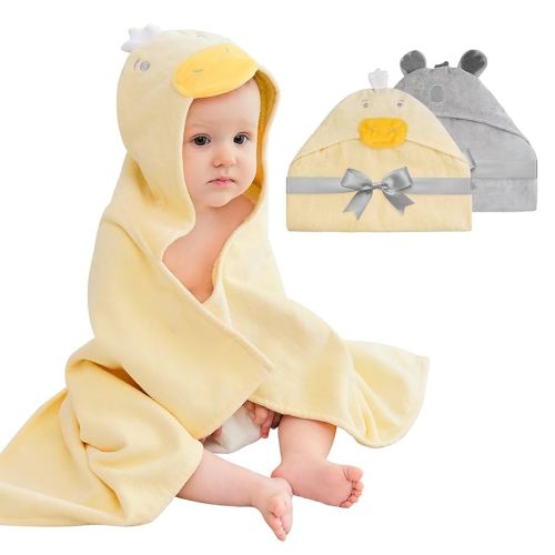 2 Pack Baby Hooded Towels, Premium Soft Cotton Baby Bath Towels with Hood, Extra Thick and Super Absorbent, Essential for Newborns, Infants and Toddlers (Yellow Duck & Grey Koala)