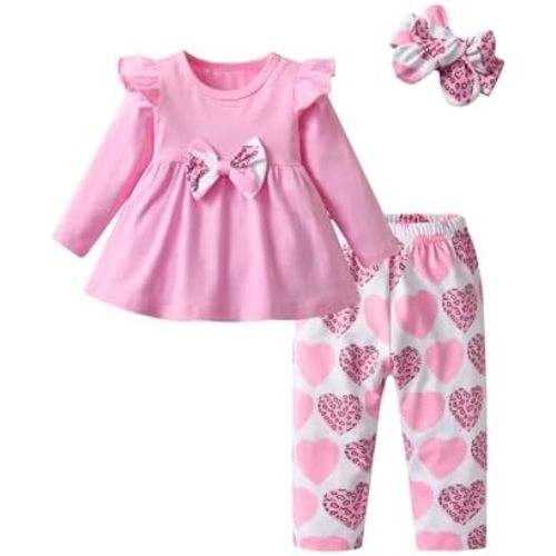 Toddler Baby Girl Clothes Infant Ruffle Long Sleeve Pullover Top Heart Pants Headband Clothing Set