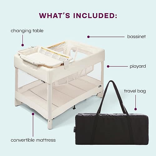 4moms Breeze Plus Portable Playard with Removable Bassinet and Baby Changing Station, Easy One-Handed Setup, Birch