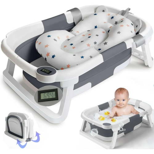Morfone Collapsible Baby Bathtub, Baby Bath Tub with Soft Cushion & Thermometer, Baby Bathtub Newborn to Toddler 0-36 Months, Portable Travel Baby Tub, Gray