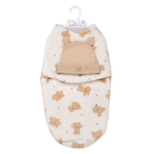 Baby Starters Newborn Wearable Swaddle Blanket With Hat, Teddy Bear Print, 0-3m