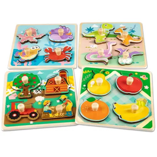 Wooden Toddler Puzzles - 4 Pcs Eco-Friendly Animal Patterns Jigsaw With Handles - Infant Kid Fine Motor Skill Learning Educational Montessori Toys for 1-3 Years Old