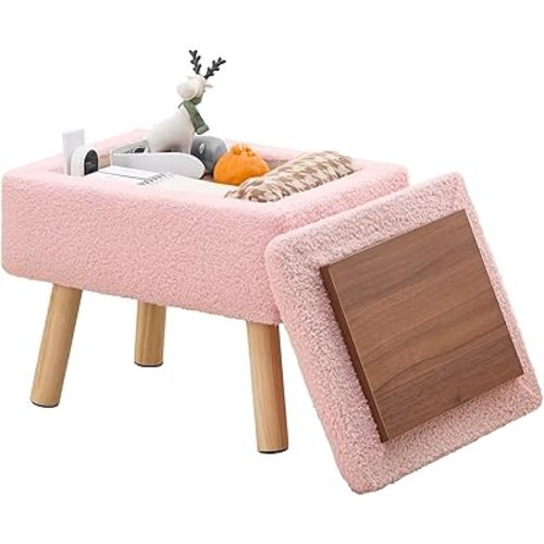 Wimarsbon Ottoman,Modern Footrest with Soft Padded Seat,Teddy Velvet Foot Stool with Wood Legs,Small Square Pouf for Living Room,Bedroom and Office (Pink-Storage)