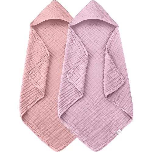 2 Pack Hooded Baby Towels - 100% Muslin Cotton for Newborns, Infants, Toddlers - Large 32x32 Inch Size - Highly Absorbent and Essential for Newborn Care, Light Sakura