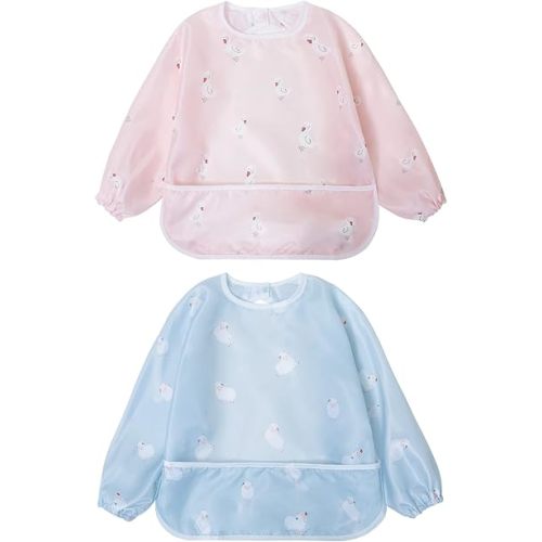 Little Dimsum Mess-Proof Baby Bibs|Infant Toddler Long Sleeve Waterproof Feeding Art Smock|Catching Food & Wipe Clean| Pack of 2 Colors Duck&sheep