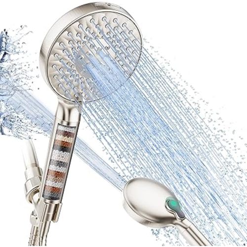 SR SUN RISE Filtered Shower Head with Handheld High Pressure 9 Spray Mode Showerhead Detachable Shower Head Water Softener Filters Beads for Hard Water Remove Chlorine 1 Filter Brushed Nickel