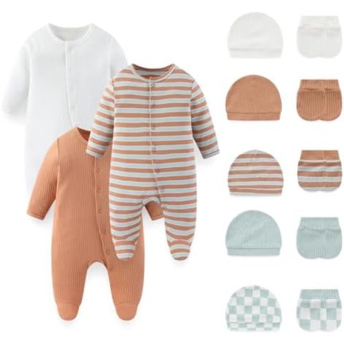 Fashion Baby Boy Girl Clothing Set Cotton Soft 3-Piece Long Sleeve Button Rompers 5-Pack Hats&Gloves Infant Clothes