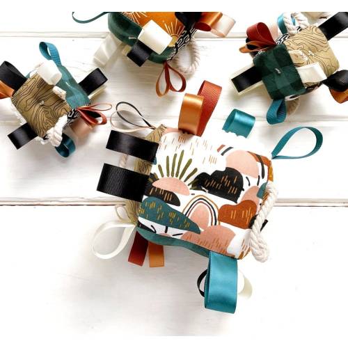 Earth Rainbow Baby Sensory Toy, Fabric Baby Block, Ribbons and Rattles, Khaki Black Sienna Teal