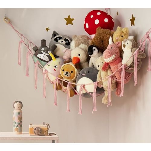 Large Stuffed Animal Hammock Corner Net for Toys Storage Hanging Stuff Animal Organizer Holder Pink Girls Living Room Bedroom Boho Nursery Dorm Decor - BabyPink