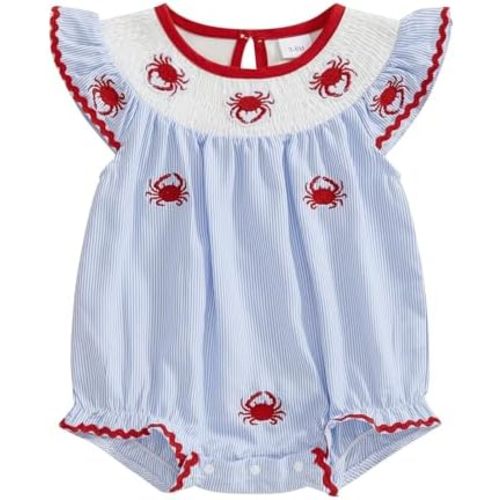 Sasaerucure Newborn Infant Baby Girl Smocked Bubble Summer Sleeveless Onesie Striped Crawfish Embroidered Romper