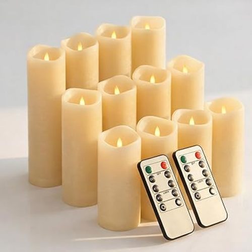Waterproof Flameless Candles, 12 PC Battery Operated LED Pillar Candles with 2 Remote Controls & Timer, Flickering Indoor Outdoor Candles for Wedding, Patio, Easter, Bathroom, Home Decor, 4''5''6''