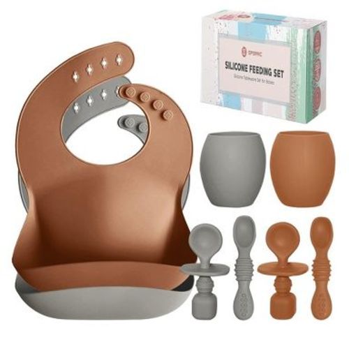 Baby Silicone Feeding Set - Baby Led Weaning Utensils, Silicone Bibs, Infant Feeding Cups Toddlers Smooth Material For Practical Eating, Set of 8