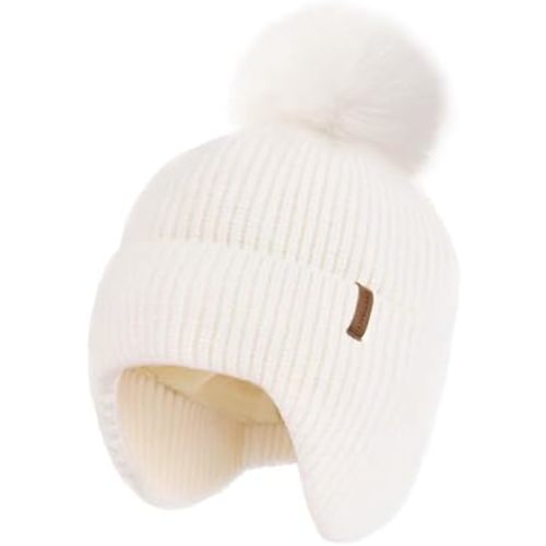 Toddler Baby Winter Hat Warm Fleece Lined Knit Kids Hat with Earflap Infant Newborn Pom Pom Beanie Knit Cap Girls Boys