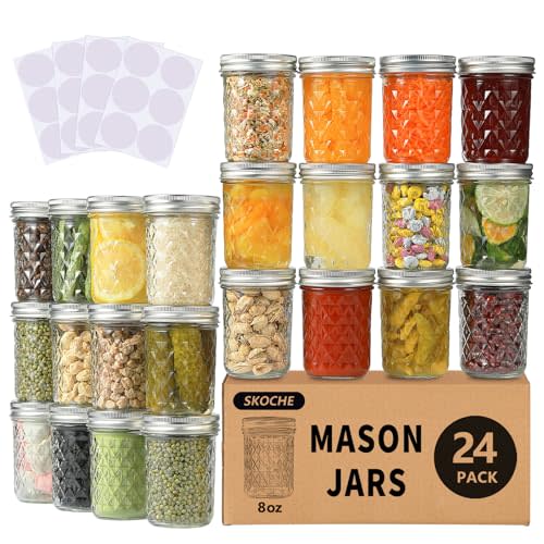 SKOCHE Mason Jars 8 oz 24 Pack Canning Jars with Airtight Lids and Bands, Ideal for Fermenting, Pickling, DIY Decors, Fruit Preserves, Jam or Jelly, 24 Labels Included