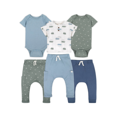 Little Star Organic Baby Boy 6Pc Mix and Match Outfit Set, Arona Blue, Size 0-3 Months