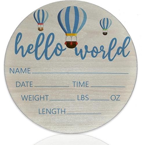 Hello World Newborn Sign Blue Hot Air Balloon Baby Name Birth Announcement Sign for Nursery Hospital Welcome Baby Name Plaque 6 inch Circle Birch Wood Board Birth Stat Sign Newborn Gifts for Mom