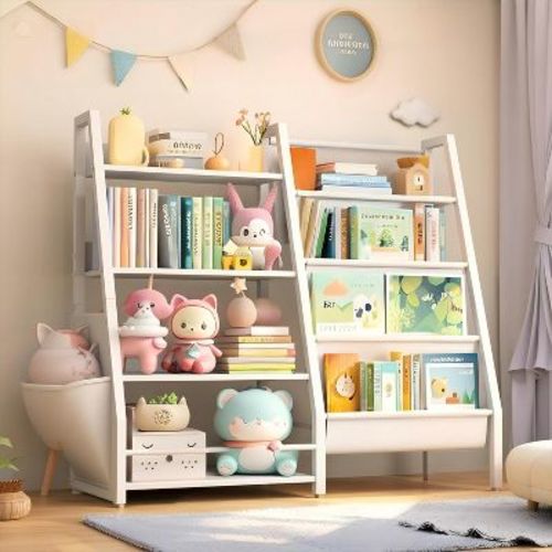 Vynxaria Bookshelf Series Wide White Shelf Toddler Bookcase with Organizer Pockets