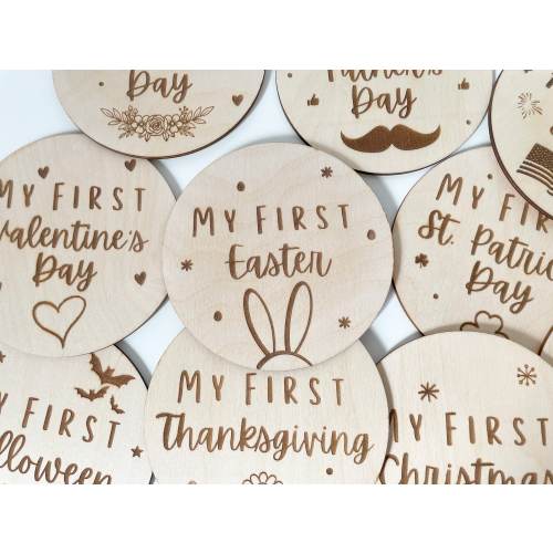 First Holiday Milestone Discs | Wood Baby&#39;s First Holiday Photo Props | Engraved Baby Milestone Rounds | Baby Shower Gift | Baby Keepsake