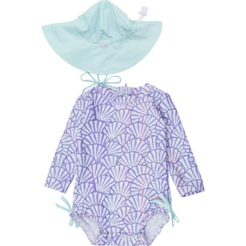 Magical Mermaid Long Sleeve One-Piece Rashguard Swimsuit & Hat Set, 6-12M
