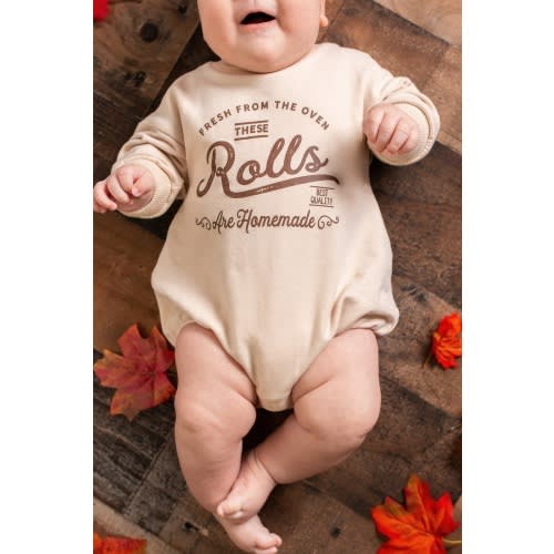 Rolls are Homemade Romper. Funny Thanksgiving Outfit for Baby. Newborn 1st thanksgiving. Fresh from the oven. Sweatshirt Bodysuit. Girl Boy
