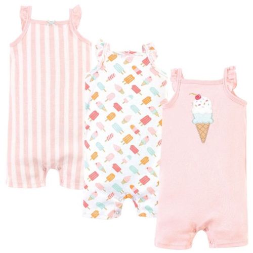 Hudson Baby Infant Girl Cotton Rompers 3pk, Ice Cream, 3-6 Months