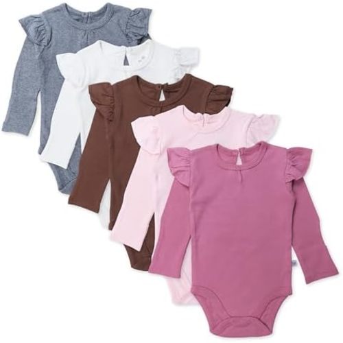 HonestBaby baby-girls 5-pack Long Sleeve Ruffle Shoulder Bodysuits 100% Organic Cotton for Infant Baby Girls