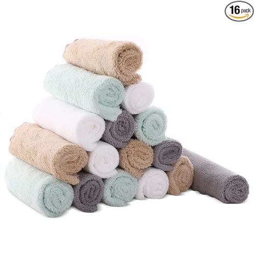 Cute Castle Ultra-Soft Baby Washcloths, 16 Pack - 9" by 9", Gentle on Sensitive Skin for Face and Body, Plush, Super Absorbent Wash Clothes for Girls and Boys,White+Brown+Grey+Sage Green