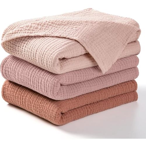 lulumoon Muslin Swaddle Blankets for Baby: Lightweight & Breathable Receiving Blankets for Hospital - Neutral Registry Gift for Newborn 3pack (Chestnut)