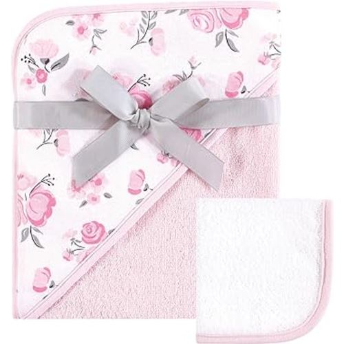 Hudson Baby Unisex Baby Cotton Hooded Towel and Washcloth, Pink Floral, One Size