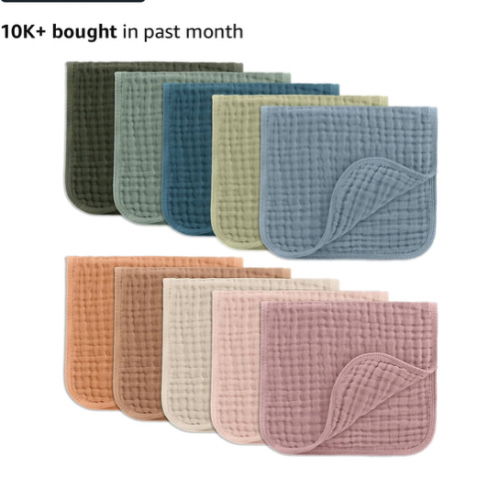 Comfy Cubs Muslin Burp Cloths 20" x 10", Pack of 10 - Large, 6-Layer, Ultra Absorbent 100% Cotton for Baby Drool and Messes - Soft, Safe & Gentle Baby Burp Cloths for Boys & Girls - Multi