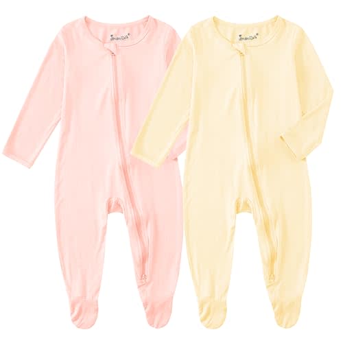 Ekkimy Baby Bamboo Rayon Romper Infant Footies Long Sleeve Double Zipper Outfits 2-Pack One-Piece Jumpsuits