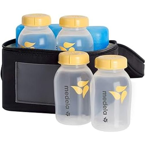 Medela Breast Milk Storage Cooler Bag with Contoured Ice Pack, 4 Bottles and Lids, Convenient Breastmilk Transport