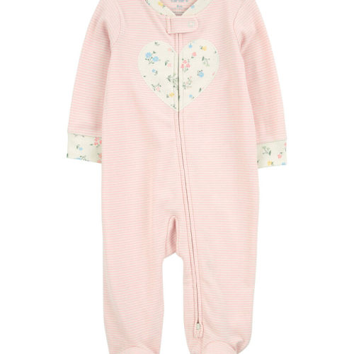 Pink Baby Girl Heart Striped 2-Way Zip Cotton Sleeper Pyjamas - Pink | Carter’s Oshkosh Canada