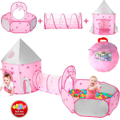 JoyStone 3pc Toddler Pop up Kids Play Tent with Tunnel and Ball Pit for Boys, Girls and Toddlers, Indoor& Outdoor Play House, Perfect Kid's Gifts (Pink)