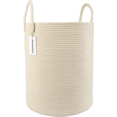 Cotton Rope Laundry Basket Hamper for Clothes Woven Storage Basket for Living Room Bedroom Boho Tall Rope Baskets for Blanket Toys Pillow Towels Baby Nursery Hamper Bin beige