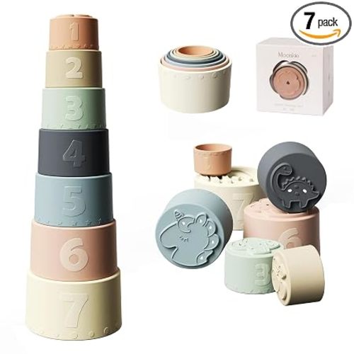 Moonkie Stacking Cups Toy, Fun Educational Baby Toys Silicone Soft Teething Toy, Age 6+ Months, 7 Piece Set