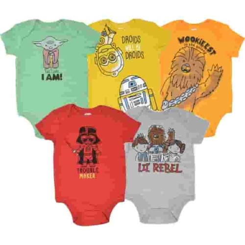 Star Wars Yoda Darth Vader R2-D2 Newborn Baby Boys 5 Pack Bodysuits Newborn to Infant