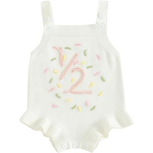 Baby Girl Half 1st Birthday Outfit Sleeveless Knit Sweater Onesie Embroidery Romper Infant Cake Smash Outfit