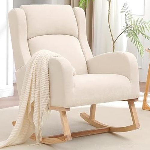 Rocking Chair Nursery, Nursing Rocking Chairs for Mom Nursery, Comfy Wingback Glider Rocking Armchair with Side Pocket for Nursery Living Room, Beige