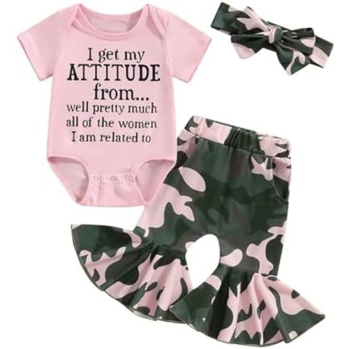 BULINGNA Newborn Baby Girl Summer Funny Outfit Set I Get My Attitude from Women Bodysuit Camouflage Flared Pants Headband