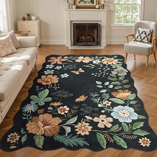 Lahome Floral Rugs for Living Room, 5x7 Area Rugs Ultra-Thin Soft Washable Rug, Non-Slip Bedroom Rug Stain Resistant Lightweight Boho Low-Pile Throw Carpet for Dining Room Office (5x7ft,Black/Grey)