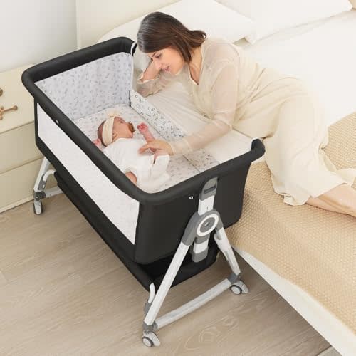 Baby Bassinet, Bedside Bassinet for Baby, 4 in 1 Bassinet Bedside Sleeper with Locked Wheels, Mosquito Net, Adjustable Easy Folding Portable Crib for Infant Newborn, Dark Grey