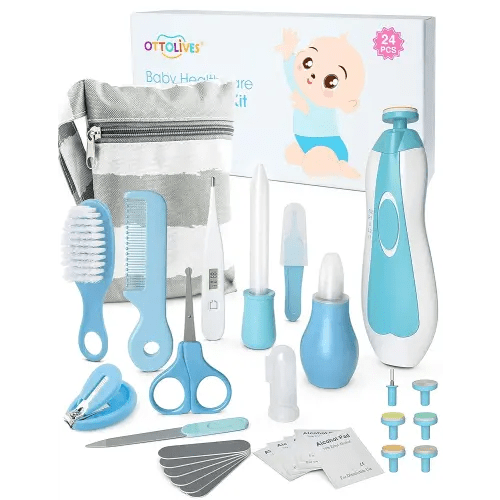OTTOLIVES Baby Healthcare and Grooming Kit, 24 in 1 Baby Electric Nail Trimmer Set Newborn Nursery Health Care Set for Newborn Infant Toddlers Baby Boys Girls Kids Haircut Tools (0-3 Years+) (Blue)