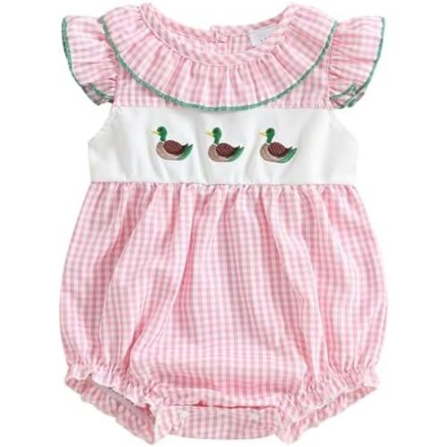 Kayotuas Baby Girl Summer Clothes Cute Smocked Bubble Romper Fly Sleeve Ruffled Doll Collar Letter Embroidery Bodysuit Dress