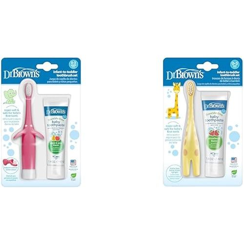 Dr. Brown's Infant-to-Toddler Toothbrush Sets, Pink Elephant & Giraffe with Fluoride-Free Baby Toothpastes, 0-3 Years