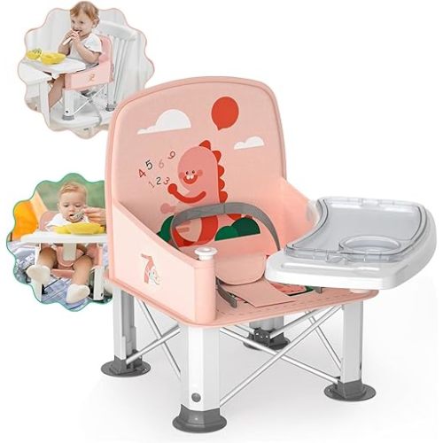 Baby Travel Booster Seat with Double Tray, BabyBond Upgraded Toddler Portable Baby Chair, Booster Seat for Dining Table, Stable and Foldable Booster Baby Chair for Indoor/Outdoor (Pink Dinosaur)