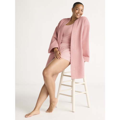 Joyspun Women's Waffle Kimono Short Wrap Robe, Size S-3X