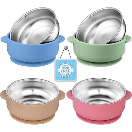 4 Pack Stainless Steel Toddler Suction Bowls for Baby Plates, 2-in-1 SUS304 Toddlers Bowl & Removable Silicone Suction Kids Bowl for Cereal | Snack | Anti-Scald Non-Toxic Suction Bowls