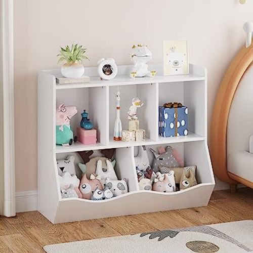 IDEALHOUSE White Kids Toy Storage Cabinet, MDF Cubby Bookshelf for Playroom