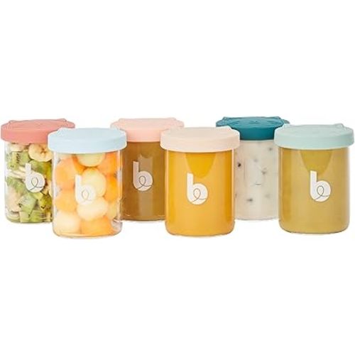 Babymoov Baby Glass Food Jars Set of 6 (8.5oz Each) BPA-Free Borosilicate Glass Storage Containers Leakproof Silicone Lids Microwave, Freezer & Dishwasher Safe Baby Registry Essential